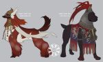  alternate_species armor black_body black_fur canid canine canis domestic_dog duo elden_ring female fromsoftware fur headgear helmet male mammal red_eyes simple_background sinzui spirits_ashes video_games white_body white_fur 