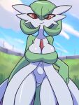  big_breasts breast_squish breasts cleavage clothed clothing deathzera featureless_crotch female gardevoir hair hair_over_eye hi_res humanoid humanoid_pointy_ears looking_at_viewer nintendo not_furry one_eye_obstructed pok&eacute;mon pok&eacute;mon_(species) smile solo squish video_games 