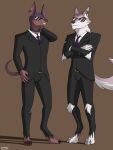  anthro black_suit canid canid_demon canine canis clothed clothing demon digital_media_(artwork) dobermann domestic_dog duo dustin_c eyewear fur hair hellhound helluva_boss hi_res male mammal pinscher simple_background smile suit sunglasses white_body white_fur 