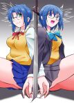  2girls angeldust ass bangs black_skirt blue_bow blue_eyes blue_hair blue_ribbon blue_skirt blush bow breasts ciel_(tsukihime) closed_mouth collared_shirt crack dual_persona eyes_visible_through_hair feet_out_of_frame glasses gradient gradient_background highres long_sleeves looking_at_viewer medium_breasts multiple_girls open_mouth pleated_skirt red_bow red_ribbon ribbon semi-rimless_eyewear shirt short_hair simple_background sitting skirt smile straight_hair suit_jacket sword symmetrical_pose symmetry thighs tsukihime under-rim_eyewear vest weapon yellow_vest 
