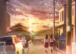  2girls absurdres architecture bicycle black_hair black_socks blurry blurry_foreground brown_hair building car cloud east_asian_architecture from_behind ground_vehicle highres house kneehighs lens_flare long_hair long_sleeves manhole_cover motor_vehicle mountain multiple_girls original power_lines red_skirt road scenery school_uniform shirt shurock signature skirt sky socks street sunset utility_pole walking white_shirt white_socks 