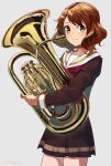  1girl bangs blush brown_eyes brown_hair brown_shirt brown_skirt closed_mouth curly_hair euphonium grey_background hibike!_euphonium highres holding holding_instrument instrument kitauji_high_school_uniform long_sleeves looking_at_viewer neckerchief oumae_kumiko pleated_skirt red_neckerchief sailor_collar school_uniform serafuku shirt short_hair simple_background skirt smile solo standing suzu_suzusumi white_sailor_collar 