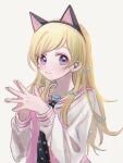  1girl :3 animal_ear_headwear animal_ears blonde_hair blue_bow bow cat_ear_hairband cat_ears dress hair_bow hairband highres idolmaster idolmaster_million_live! long_hair miyao_miya own_hands_together portrait pppp9199 purple_eyes sailor_collar sailor_dress simple_background solo white_background 