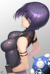  1girl black_gloves black_leotard breasts fingerless_gloves from_above ghost_in_the_shell ghost_in_the_shell:_sac_2045 gloves grey_background highres kusanagi_motoko leaning_back leotard mecha medium_breasts purple_eyes purple_hair robot science_fiction shirousagi_uyu short_hair smile solo_focus tachikoma 