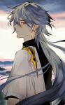  0nashiro 1boy ear_piercing earrings frown grey_hair highres honkai_(series) honkai_impact_3rd hoop_earrings jewelry long_hair looking_at_viewer male_focus piercing profile red_eyes short_sleeves su_(honkai_impact) 