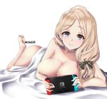  1girl absurdres ass blanket blonde_hair breasts controller fire_emblem fire_emblem:_three_houses game_controller grey_eyes highres holding holding_controller holding_game_controller large_breasts long_hair looking_at_viewer mercedes_von_martritz nintendo_switch nude side_ponytail steeb 