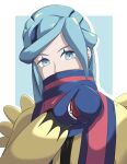  1boy androgynous blue_background blue_hair coat ememtrp gloves grusha_(pokemon) highres long_hair poke_ball pokemon pokemon_(game) pokemon_sv puffy_sleeves scarf scarf_over_mouth simple_background 