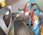  anthro athletic athletic_anthro athletic_male bandai_namco blue_body clothing computer crop_top detailed_background digimon digimon_(species) flamedramon hi_res male navel red_eyes scalie shirt sitting skink_hisshiss solo topwear 