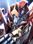  blue_eyes english_commentary highres lina_rojas looking_at_viewer mecha parted_lips portrait rain robot rodimus science_fiction smile solo the_transformers_(idw) transformers v-fin 