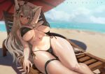  1girl absurdres arknights arm_behind_head arm_up artist_name beach bikini breasts cameltoe chair cleavage commentary highres horns large_breasts leg_belt legs long_hair looking_at_viewer lounge_chair lying navel ocean pointy_ears red_eyes shining_(arknights) shiny shiny_skin side-tie_bikini swimsuit symbol-only_commentary tamada_heijun very_long_hair wooden_chair 