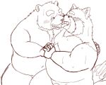  2022 ailurid anthro barely_visible_genitalia barely_visible_penis belly blush bodily_fluids duo embrace genitals hand_holding hi_res hug k_gutless kemono male male/male mammal overweight overweight_male penis red_panda simple_background sweat ursid 
