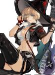  1girl belt black_gloves black_thighhighs blonde_hair bob_cut breasts choker cleavage crop_top electric_guitar found_modori glasses gloves green-tinted_eyewear guilty_gear guilty_gear_strive guitar hat highres i-no instrument large_breasts midriff mole mole_above_mouth mole_under_eye navel one_eye_closed simple_background sitting solo stomach sunglasses thighhighs thighs tinted_eyewear white_background witch_hat 