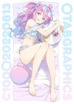  ball beach_towel beachball hair_ornament highres himemori_luna hololive kanzaki_hiro looking_at_viewer multicolored_eyes multicolored_hair solo sunglasses swimsuit towel 