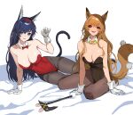  2girls absurdres animal_ears arknights axe bare_shoulders bed_sheet blaze_(arknights) blonde_hair blue_eyes blue_hair blush bow breasts bunny_day ceobe_(arknights) collarbone covered_navel detached_collar eyebrows_visible_through_hat gloves hair_between_eyes hairband highres jason_kim large_breasts long_hair looking_at_viewer lying multiple_girls on_side pantyhose paw_pose playboy_bunny red_bow red_eyes sitting smile tail thigh_gap yellow_bow 