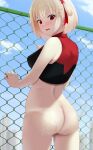  1girl ass back bikini bikini_top_only blonde_hair bottomless breasts chain-link_fence closed_mouth cum cum_on_ass fence hair_ribbon highres large_breasts looking_back looking_down lycoris_recoil nishikigi_chisato outdoors red_eyes red_ribbon revision ribbon run_sho short_hair solo sports_bikini swimsuit v-shaped_eyebrows 
