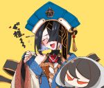  1girl bare_shoulders black_hair blue_headwear breasts bridal_gauntlets chinese_clothes citron80citron closed_eyes doll fate/grand_order fate_(series) hair_ornament hair_over_one_eye hairpin hat holding holding_doll long_sleeves mole mole_under_eye open_mouth robe short_hair small_breasts smile solo white_robe wide_sleeves xu_fu_(fate) yu_mei-ren_(fate) 