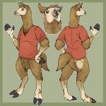  1:1 anthro border bottomless brown_body brown_ears brown_fur brown_tail camelid chest_tuft clothed clothing front_view fur glistening glistening_eyes green_background green_border hand_on_hip imperatorcaesar leg_tuft llama looking_at_viewer male mammal model_sheet mouth_closed rear_view red_clothing red_shirt red_t-shirt red_topwear shirt simple_background solo t-shirt tan_body tan_fur teeth topwear tuft 