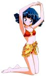  1990s_(style) 1girl aqua_eyes arms_up bangs barefoot bikini blue_eyes blush floral_print full_body interlocked_fingers kneehighs kneeling medium_hair navel non-web_source official_art red_bikini retro_artstyle rolfee simple_background smile socks solo swimsuit tadano_kazuko tonari_no_princess_rolfee white_background 