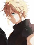  1boy aqua_eyes armor bangs blonde_hair closed_mouth cloud_strife commentary_request final_fantasy final_fantasy_vii hair_between_eyes highres male_focus sephikowa simple_background sleeveless sleeveless_turtleneck solo spiked_hair turtleneck twitter_username upper_body white_background 