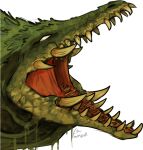  ambiguous_gender empty_eyes green_body green_scales headshot_portrait imperatorcaesar open_mouth portrait scales scalie sharp_teeth signature simple_background solo tan_teeth teeth white_background 