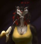  anthro banana breasts clothing dialogue female female/female food food_fetish fruit heni heni_(character) hi_res plant sergal shirt solo suggestive suggestive_food topwear wtf_face 