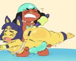  animal_crossing ankha_(animal_crossing) anthro balls_outline big_breasts big_bulge big_butt black_hair blue_hair breasts brown_body brown_skin bulge butt carrying_partner clenched_teeth clothed clothing domestic_cat duo erection erection_under_clothing eyes_closed felid feline felis female genital_outline hair hi_res huge_butt human male male/female mammal markings nintendo one-piece_swimsuit open_mouth partially_submerged penis_outline purple_yoshi_draws striped_markings striped_tail stripes swimwear tail_markings teeth thick_thighs video_games villager_(animal_crossing) water yellow_body 