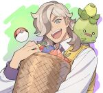  1boy arven_(pokemon) bangs basket berry_(pokemon) brown_hair commentary_request grey_eyes hair_over_one_eye holding holding_poke_ball light_brown_hair long_hair long_sleeves looking_at_viewer male_focus multicolored_hair nagiko_(mangalove1111) open_mouth poke_ball pokemon pokemon_(creature) pokemon_(game) pokemon_sv shirt simple_background smoliv sweat teeth upper_body upper_teeth vest white_shirt yellow_vest 