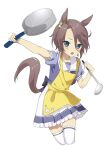  1girl absurdres amasaki333 animal_ears apron bangs blush brown_hair cropped_legs frying_pan hand_up highres holding holding_frying_pan holding_ladle horse_ears horse_girl horse_tail ladle looking_at_viewer narita_taishin_(umamusume) open_mouth outstretched_arm parted_bangs puffy_short_sleeves puffy_sleeves sailor_collar school_uniform short_hair short_sleeves simple_background skirt solo tail thighhighs tracen_school_uniform umamusume white_background white_skirt white_thighhighs 