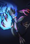  anthro bandai_namco black_body black_sclera blue_fire cape claws clothing colored_fire digimon digimon_ghost_game evil_grin fire glowing glowing_eyes grin grusgammamon hi_res horn male sansyonoki64 scalie smile solo 