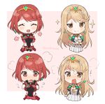  2girls bangs blonde_hair blush breasts brown_eyes chibi closed_eyes commentary_request crossed_arms earrings elbow_gloves embarrassed flying_sweatdrops gloves headpiece jewelry large_breasts long_hair multiple_girls multiple_views mythra_(xenoblade) nose_blush open_mouth pyra_(xenoblade) red_eyes red_hair sephikowa short_hair simple_background smile sparkle sweat tiara twitter_username very_long_hair xenoblade_chronicles_(series) xenoblade_chronicles_2 