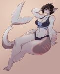  2022 anthro barefoot biped black_hair blue_eyes bra breasts bunnywhiskerz cleavage clothed clothing digital_media_(artwork) feet female fish hair hand_behind_head marine navel open_mouth panties shaded shark simple_background sitting solo sports_bra teeth thick_thighs underwear wet wet_body 