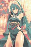  1girl alternate_costume arm_up bangs blurry blurry_background blush breasts byleth_(fire_emblem) byleth_(fire_emblem)_(female) commentary_request dancer dress fire_emblem fire_emblem:_three_houses hair_between_eyes highres limited_palette looking_at_viewer medium_breasts medium_hair outdoors parted_lips pelvic_curtain sephikowa solo tree twitter_username 
