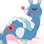  1:1 2022 anus blue_body blush brionne cotora dated female feral genitals hi_res nintendo pinned pok&eacute;mon pok&eacute;mon_(species) pussy signature simple_background solo spread_pussy spreading video_games white_background 