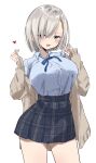  1girl alternate_costume black_skirt blue_eyes blue_shirt breasts brown_cardigan cardigan chigasaki_yukari collared_shirt commentary_request contrapposto cowboy_shot gesture hair_ornament hair_over_one_eye hairclip hamakaze_(kancolle) highres kantai_collection large_breasts plaid plaid_skirt pleated_skirt school_uniform shirt short_hair simple_background skirt skirt_hold smile solo white_background white_hair 