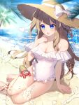  1girl anywhere_knock arm_support barefoot beach blue_eyes blue_sky breasts brown_hair casual_one-piece_swimsuit cleavage cloud commentary_request commission crab day frilled_swimsuit frills highres long_hair medium_breasts one-piece_swimsuit open_mouth original outdoors sitting skeb_commission sky swimsuit white_swimsuit yokozuwari 