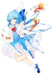  1girl :d ascot bangs blue_bow blue_dress blue_eyes blue_footwear blue_hair bow cirno collared_shirt commentary dress fish frilled_sleeves frills full_body ginryuu goldfish hair_bow hand_to_own_mouth hands_up highres ice ice_wings looking_at_viewer mary_janes medium_hair open_mouth petticoat pinafore_dress puffy_short_sleeves puffy_sleeves red_ascot shirt shoes short_sleeves simple_background smile socks solo symbol-only_commentary touhou water white_background white_shirt white_socks wings 