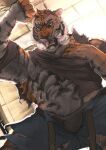  abs anthro belt bulge ceiling clothing fangs felid fist knoll-noru looking_down low-angle_view male mammal open_mouth pantherine solo teeth tiger tongue torn_clothing underwear view_from_below worm&#039;s-eye_view 