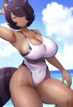  1girl absurdres animal_ears arm_up armpits bare_shoulders blue_sky breasts cleavage cloud collarbone competition_swimsuit covered_navel dark-skinned_female dark_skin day hair_over_one_eye highres horizon kiteman442 large_breasts looking_at_viewer ocean one-piece_swimsuit outdoors purple_hair raccoon_ears raccoon_girl raccoon_tail red_eyes shiboritoranaide_onna_shounin-san sky solo swimsuit tail thighs wet 