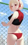  1girl ass back bikini blonde_hair breasts butt_crack chain-link_fence closed_mouth fence hair_ribbon highres large_breasts looking_at_viewer looking_back lycoris_recoil nishikigi_chisato outdoors red_eyes red_ribbon revision ribbon run_sho short_hair solo sports_bikini swimsuit v-shaped_eyebrows 