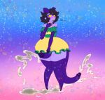  anthro aspenofsimpcon blush bodily_fluids clothed clothing cum cum_on_ground demon demon_humanoid detailed_background dress drinking ejaculation featureless_feet genital_fluids genitals girly hair hi_res horn humanoid male neth_(aspen) penis purple_body short_hair solo tail_genitals tail_penis text thick_thighs unusual_anatomy unusual_genitalia_placement unusual_penis_placement unusual_tail wide_hips yellow_eyes 