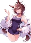  1girl agnes_tachyon_(umamusume) ahoge animal_ears blue_swimsuit brown_eyes brown_hair coat competition_school_swimsuit earrings highres horse_ears horse_girl horse_tail jewelry labcoat messy_hair misoni_(mi_so_ni_t) one-piece_swimsuit school_swimsuit short_hair simple_background single_earring solo swimsuit tail test_tube tracen_swimsuit umamusume white_background white_coat wide_sleeves 