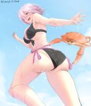  1girl absurdres ass black_swimsuit breasts crab fate/grand_order fate_(series) gnarlypieceofbread hair_over_one_eye highres mash_kyrielight perspective pink_eyes pink_hair sky solo swimsuit thighs 
