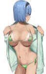  1girl 298yenomiso areola_slip bikini blue_hair breasts green_bikini hairband highres jacket large_breasts looking_to_the_side micro_bikini open_clothes open_jacket original short_hair side-tie_bikini solo standing sweat swimsuit tan tanlines white_background 