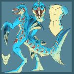  1:1 anthro blue_background blue_body blue_border blue_tail border brown_body brown_tail digital_media_(artwork) digitigrade dorsal_fin fin front_view glistening glistening_eyes imperatorcaesar male model_sheet open_mouth orange_eyes pupils rear_view sharp_teeth simple_background slit_pupils solo teeth yellow_body yellow_tail 