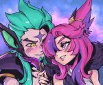  1boy 1girl animal_ears bangs blush eye_contact feathers fur_trim green_hair grin hair_over_one_eye hetero holding holding_feather league_of_legends long_hair looking_at_another multicolored_background multicolored_hair phantom_ix_row pink_hair pointy_ears portrait purple_hair rakan_(league_of_legends) smile star_guardian_rakan star_guardian_xayah teeth two-tone_hair xayah yellow_eyes 