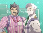  2boys artist_logo artist_name bara beard black_hair blurry blurry_background brown_eyes character_request collared_shirt drayden_(pokemon) facial_hair feet_out_of_frame green_background looking_at_viewer male_focus manly mature_male multiple_boys muscular muscular_male mustache open_mouth pectorals pokemon pokemon_(game) pokemon_bw pokemon_sv sanwari_(aruji_yume) shirt short_hair teeth thick_eyebrows tight tongue upper_body white_hair 