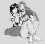  2girls aerith_gainsborough asymmetrical_clothes barefoot blush bow braid braided_ponytail closed_eyes coffee coffee_mug crop_top cup final_fantasy final_fantasy_vii greyscale hair_bow highres irene_koh laughing monochrome mug multiple_girls navel open_mouth pants sitting smile stomach sweatpants tearing_up tifa_lockhart toes 