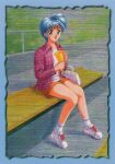  1girl bag blue_eyes blue_hair card_(medium) full_body handbag holding kokura_masashi long_sleeves nijino_saki non-web_source official_art on_bench open_clothes open_mouth open_shirt plaid plaid_shirt scan shirt shoes short_hair shorts sitting sneakers solo tokimeki_memorial tokimeki_memorial_1 