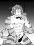  abs anthro bodily_fluids bow_tie breath chuurow clothing erection felid fur genital_fluids genitals hi_res lifewonders male mammal monochrome muscular muscular_anthro muscular_male nipples nomad_(tas) pantherine panting pecs penis precum solo striped_body striped_fur stripes stripper thong tiger tokyo_afterschool_summoners underwear undressing video_games 