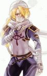  1girl androgynous armor bandaged_arm bandages blonde_hair breasts fingerless_gloves flower gloves grey_background hair_over_one_eye hat highres long_hair looking_at_viewer mask mouth_mask red_eyes scarf sephikowa sheik simple_background small_breasts solo the_legend_of_zelda the_legend_of_zelda:_ocarina_of_time turban white_headwear white_scarf 
